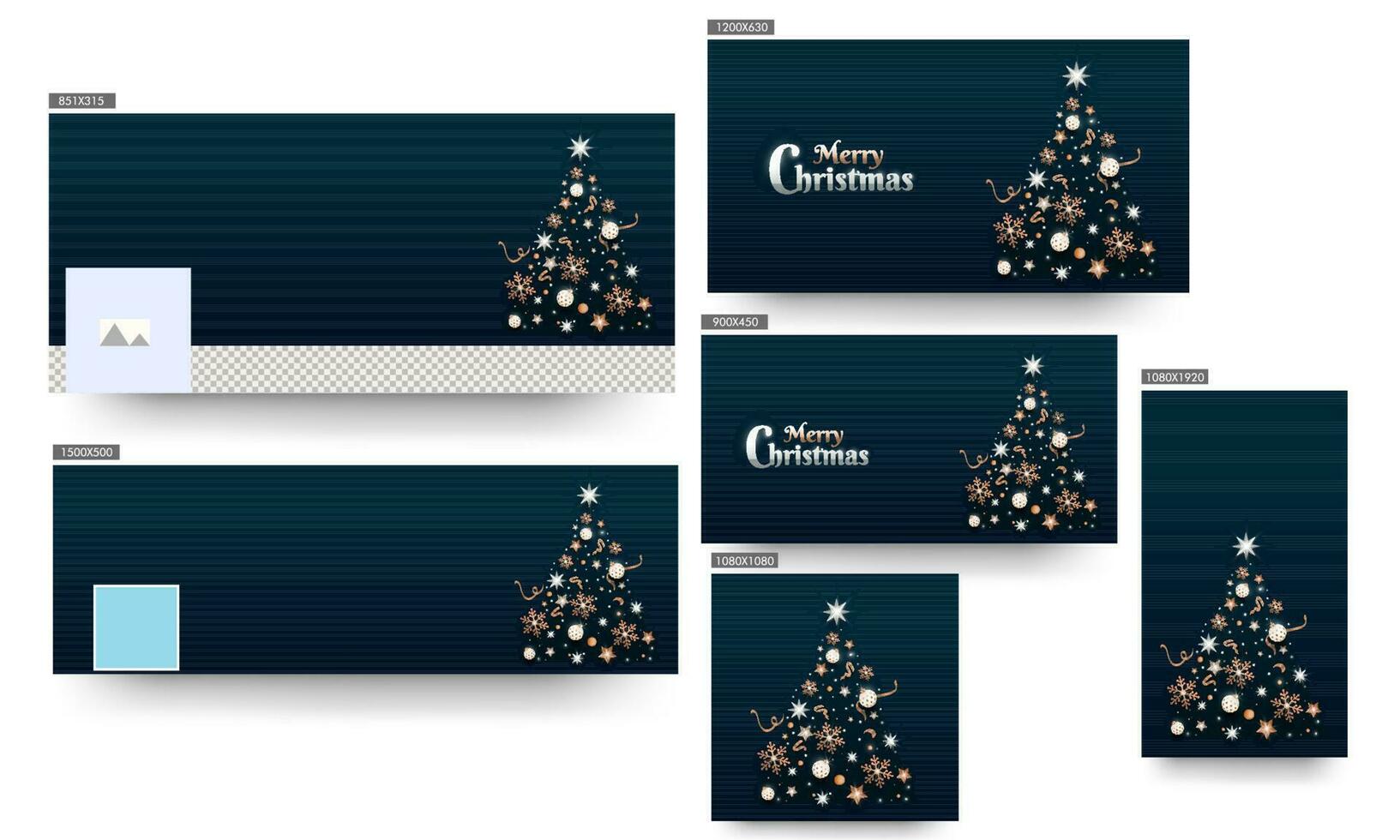 Sozial Medien Header oder Banner, Poster und Vorlage Design mit kreativ Weihnachten Baum gemacht durch Silber und Bronze- Sterne, Schneeflocken, Kugeln zum fröhlich Weihnachten Feier. vektor