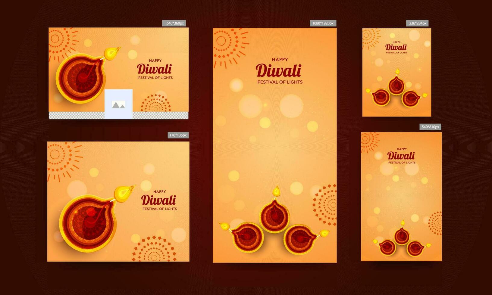 uppsättning av affisch och mall design dekorerad med topp se av upplyst olja lampor för Lycklig diwali firande begrepp. vektor