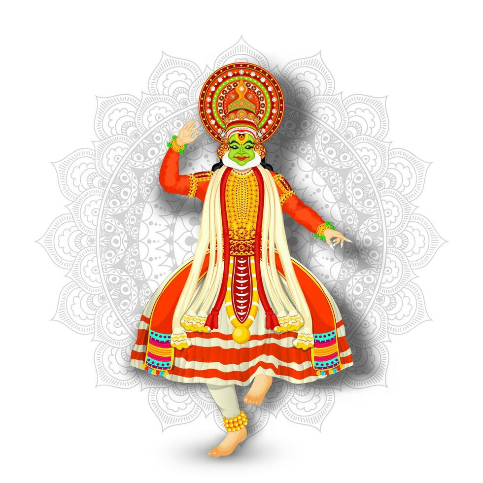 Illustration von Kathakali Tänzer durchführen auf Weiß Mandala Muster Hintergrund. vektor