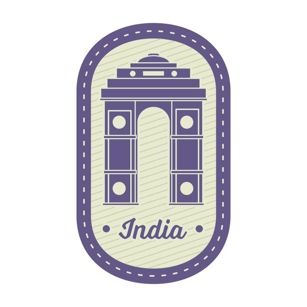Etikette oder Aufkleber, Briefmarke Design mit Indien Tor auf Oval Hintergrund im violett und Beige Farbe. vektor