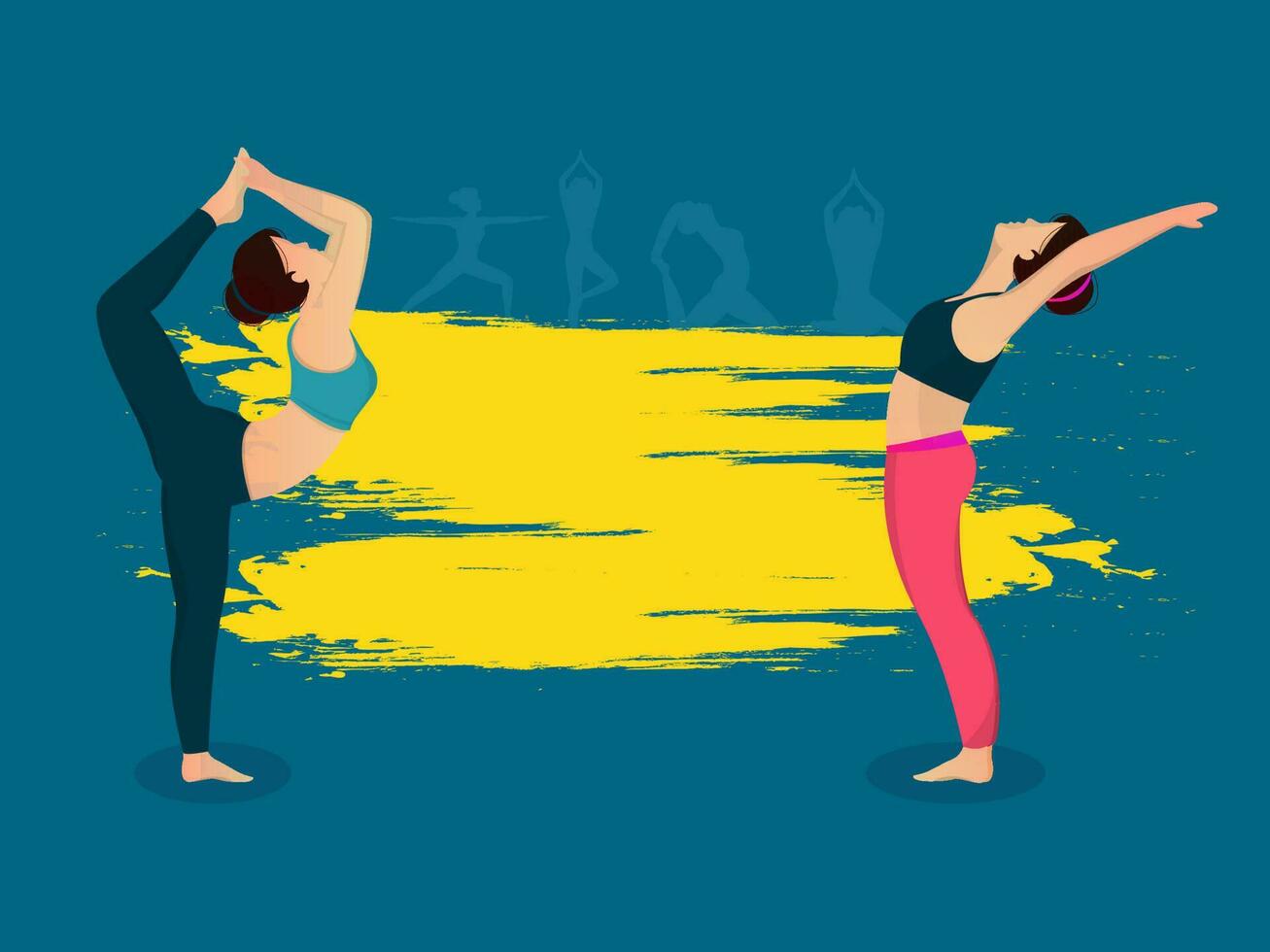 årgång stil affisch eller baner design. två ung lady i annorlunda yoga utgör på gul Färg stroke bakgrund för yoga dag firande. vektor