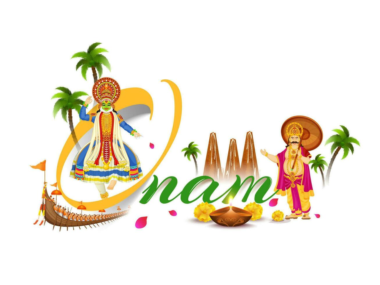 kreativ festival kort eller affisch design med illustration av kathakali dansare, kung mahabali och thrikkakara appan idol för onam firande begrepp. vektor