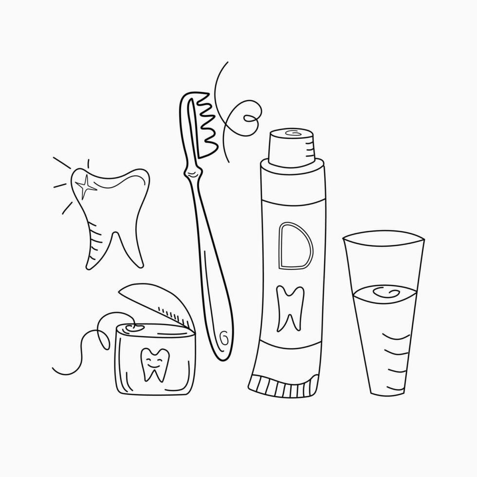 oral hygien. tandborste och tandkräm. tandvård, tand borsta. en skinande friska vit tand. skydd från bakterier och hålrum. tandtråd. klotter stil. vektor grafik.