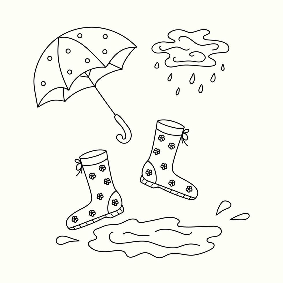Satz. wasserdicht Stiefel, draussen Regenschirm und Regentropfen. Gummi Schuhe. das regnerisch Jahreszeit. regnerisch Wetter. Gekritzel Stil. Vektor Illustration.