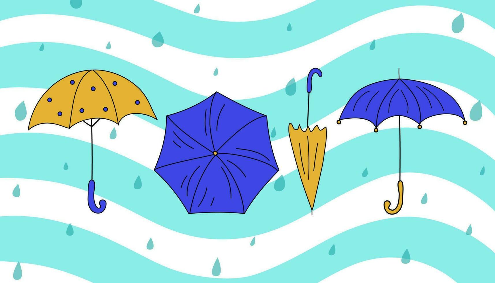 ein einstellen von Regenschirm Karikatur gezeichnet . Wellen, Wasser Tropfen, Illustration, Banner. das regnerisch Jahreszeit, Gekritzel. Vektor Grafik. Farbe isoliert Hintergrund.
