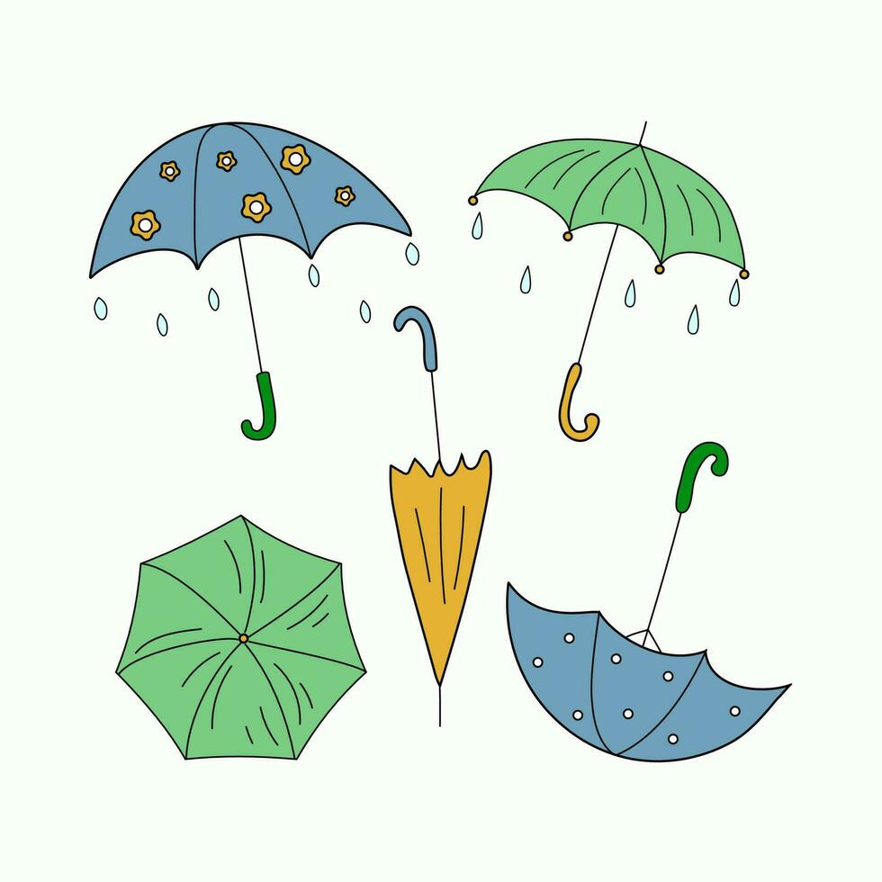 einstellen von Zeichnungen von Regenschirme. hell Regenschirm und Regentropfen. das regnerisch Jahreszeit. regnerisch Wetter. vektor