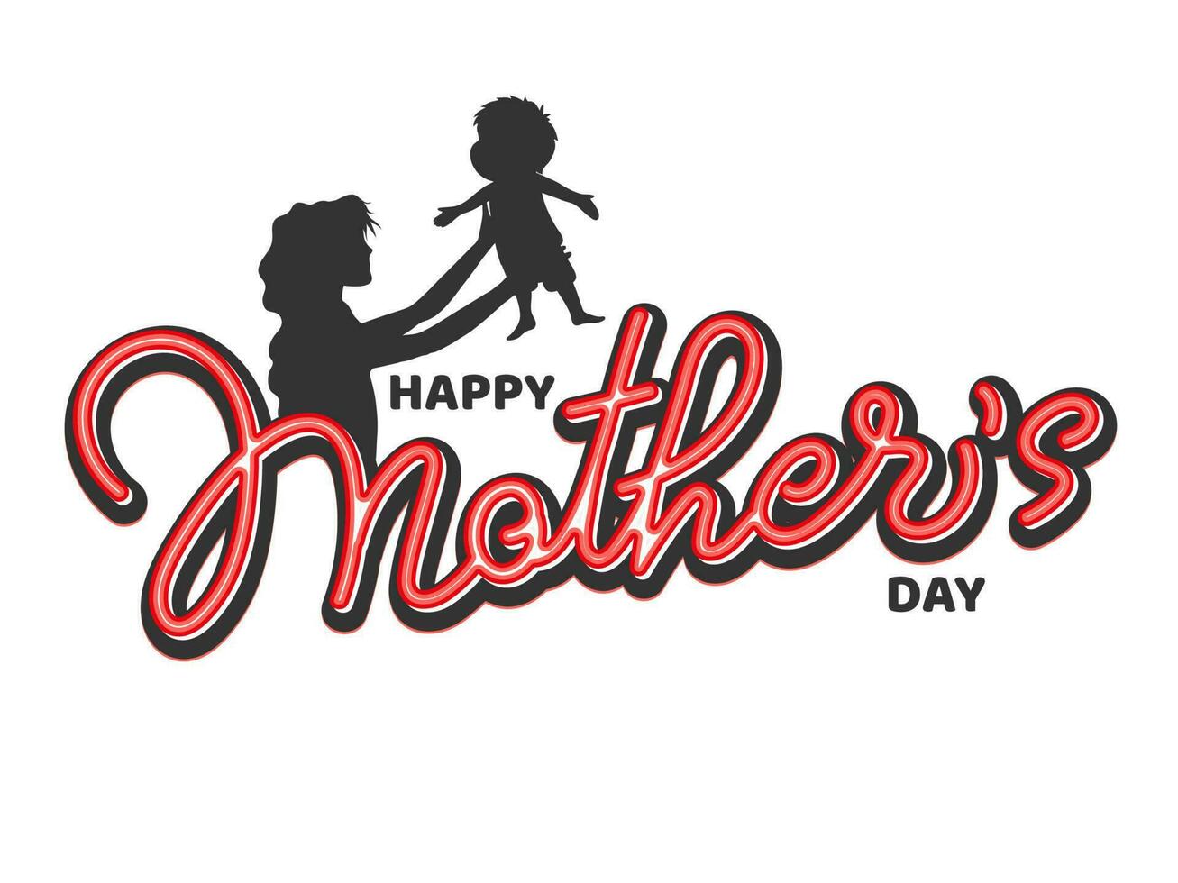 glücklich Mutter Tag Schriftart mit Silhouette Mutter Heben oben ihr Kind im das Luft auf Weiß Hintergrund. vektor