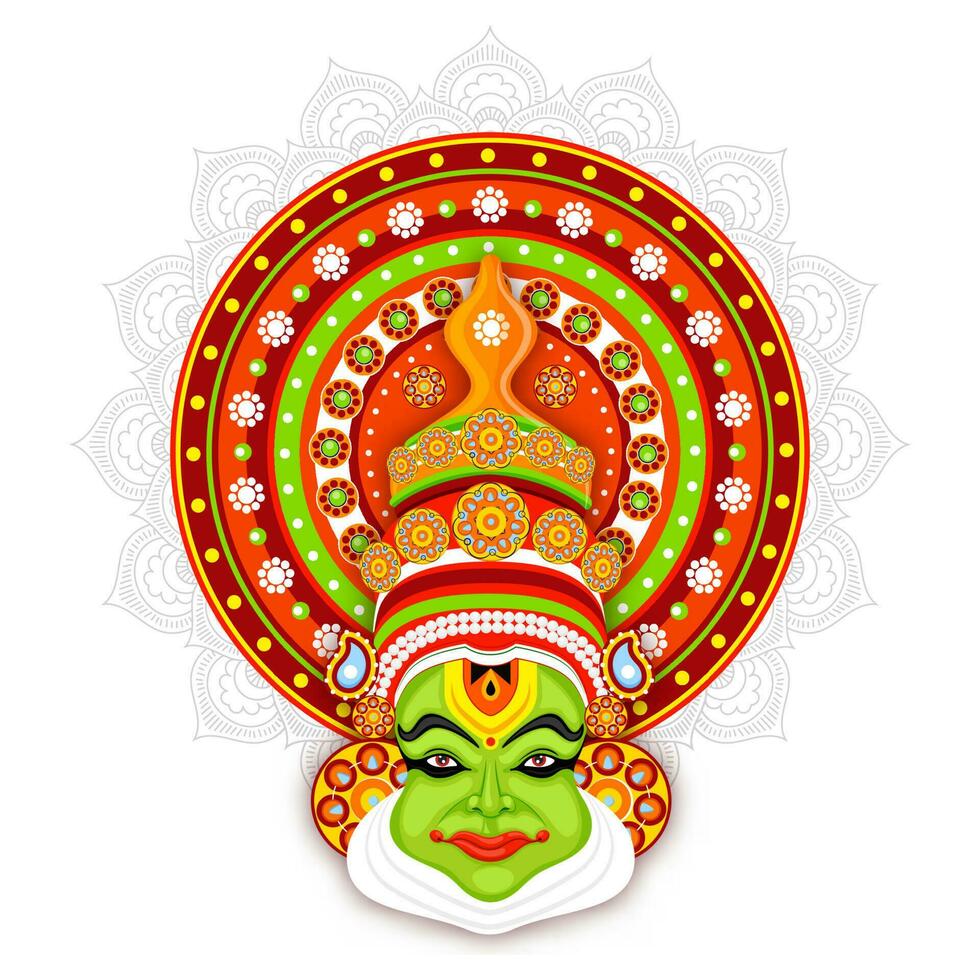 Illustration von Kathakali Tänzer Gesicht auf Mandala Muster Hintergrund. vektor
