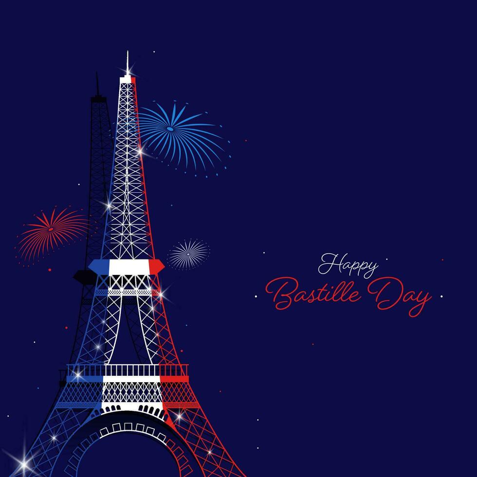 Frankreich Flagge Farbe Eiffel Turm Monument mit Feuerwerk auf lila Hintergrund zum glücklich Bastille Tag Feier Konzept. vektor