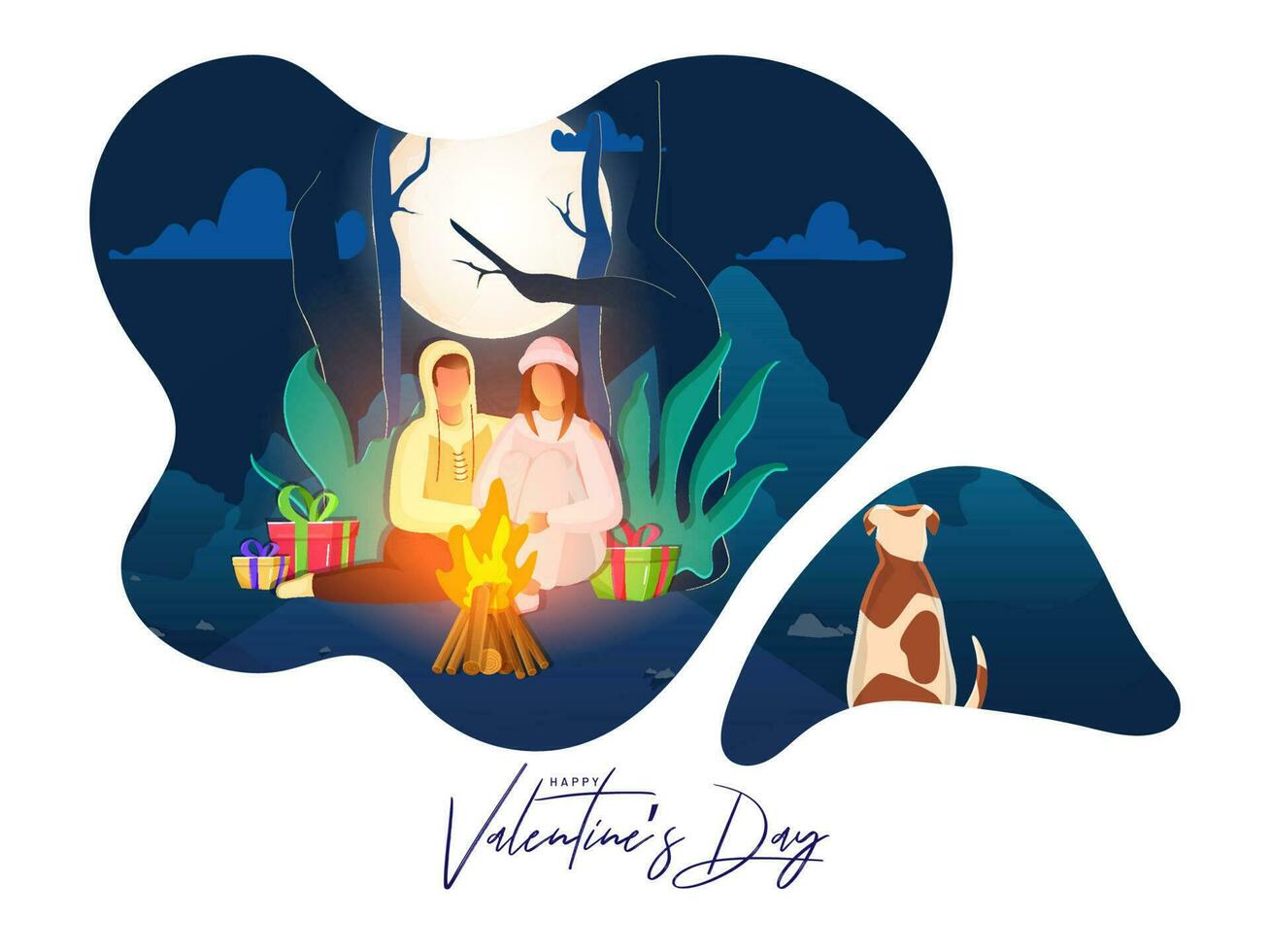 jung Paar Charakter Sitzung im Vorderseite von Lagerfeuer mit Hund und Geschenk Kisten auf Papier Schnitt voll Mond Wald abstrakt Hintergrund zum glücklich Valentinstag Tag. vektor