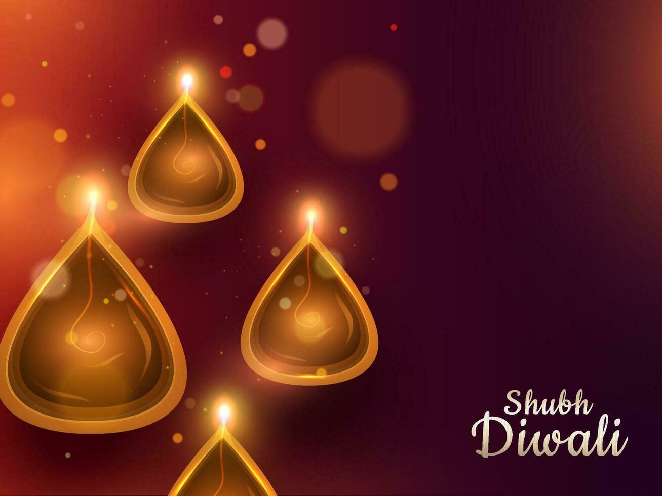 oben Aussicht von beleuchtet Öl Lampen mit Bokeh bewirken auf braun Hintergrund zum glücklich Diwali Feier. vektor
