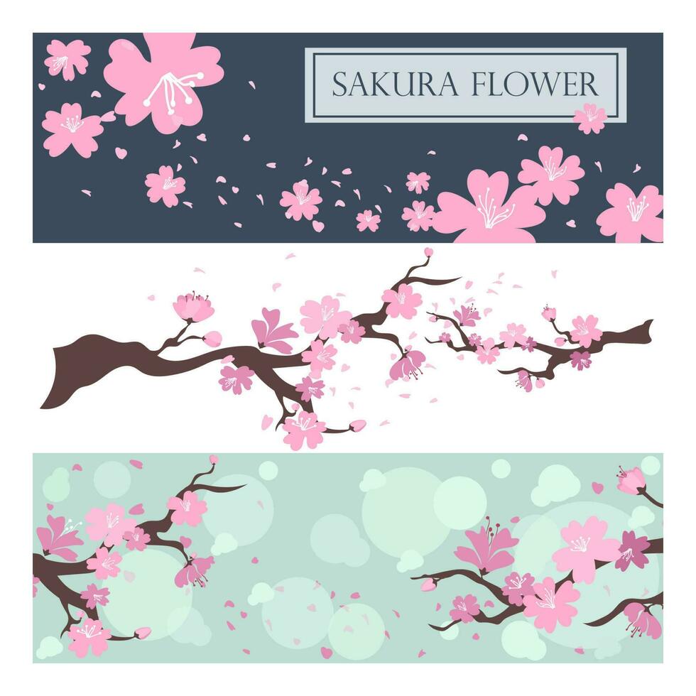 Kirsche blühen eben Vektor, Sakura, Japan, verwischen Hintergrund. Sakura und Frühling modern Startseite Design Satz. Hochzeit einladen, bilden Katalog, Broschüre Vorlage, Flyer, Präsentation. vektor