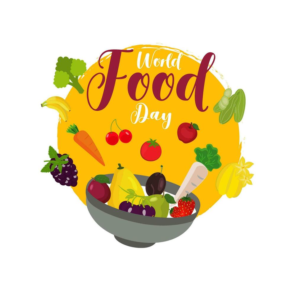 frukt och grönsaker faller in i skål för värld mat dag begrepp. kan vara Begagnade som affisch eller mall design. vektor