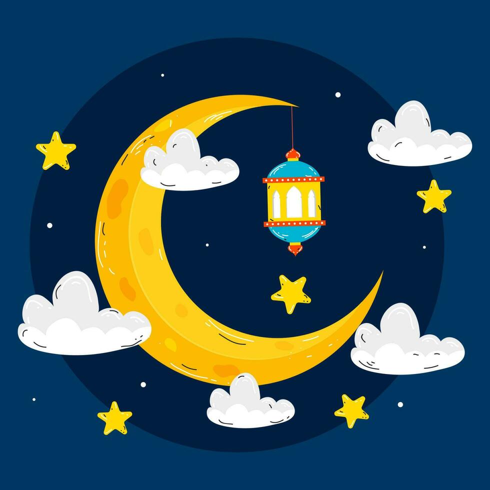 gul halvmåne måne med stjärnor, hängande lykta och moln dekorerad på blå bakgrund. vektor