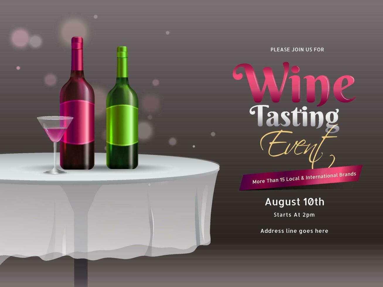 illustration av vin flaskor med dryck glas på restaurang tabell för vin provsmakning händelse eller fest firande baner eller affisch design med detaljer. vektor