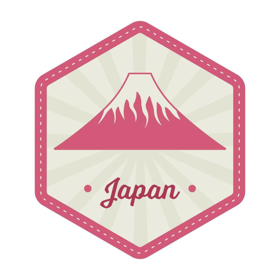 isoliert Vulkan mit Strahlen auf Hexagon Hintergrund zum Japan Briefmarke oder Etikette Design im Rosa und grau Farbe. vektor