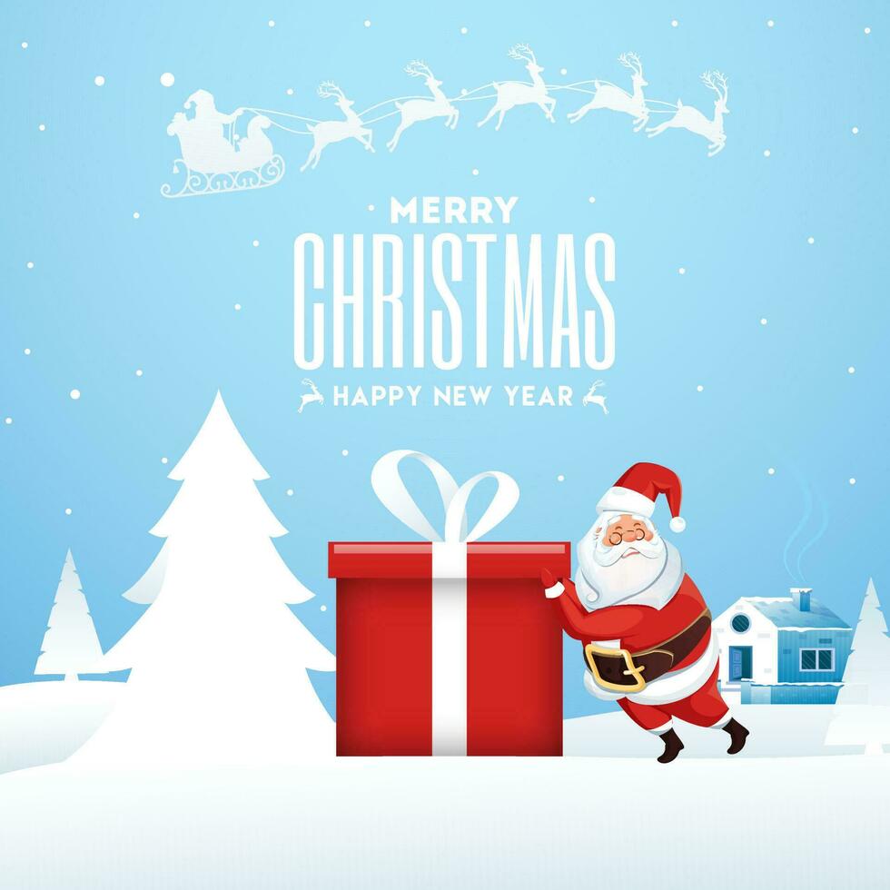 fröhlich Weihnachten und glücklich Neu Jahr Gruß Karte Design mit Illustration von Santa drücken ein Geschenk Box und Schnee bedeckt Haus auf Winter Landschaft Hintergrund. vektor