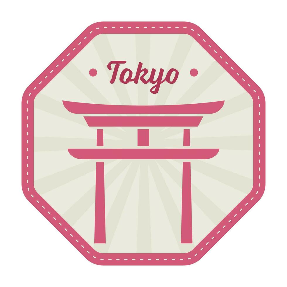 Tokyo Briefmarke oder Aufkleber Design mit torii Tor mit Strahlen auf Hexagon Hintergrund im Rosa und grau Farbe. vektor