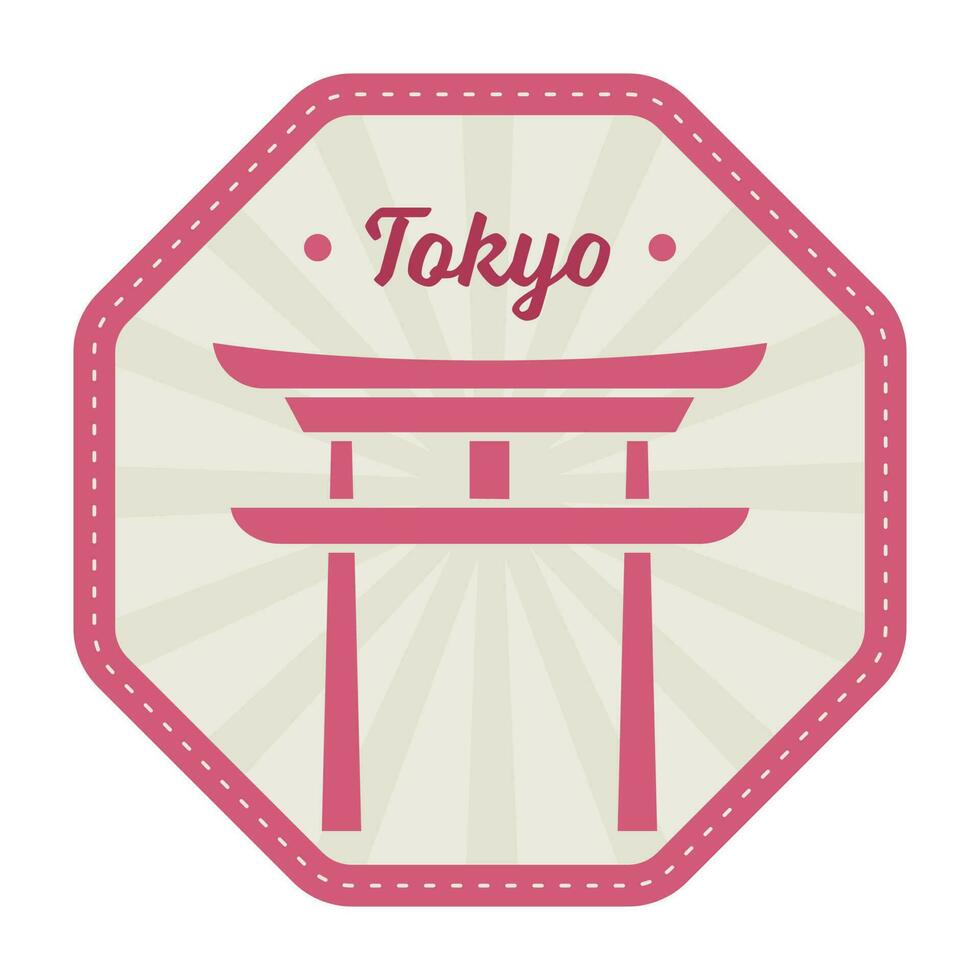 tokyo stämpel eller klistermärke design med toriien Port med strålar på sexhörning bakgrund i rosa och grå Färg. vektor