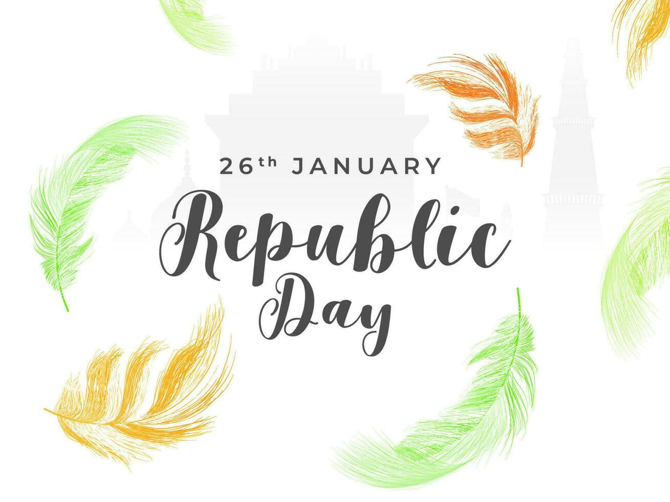 26: e januari republik dag text med saffran och grön fjädrar dekorerad på Indien känd monument vit bakgrund. vektor