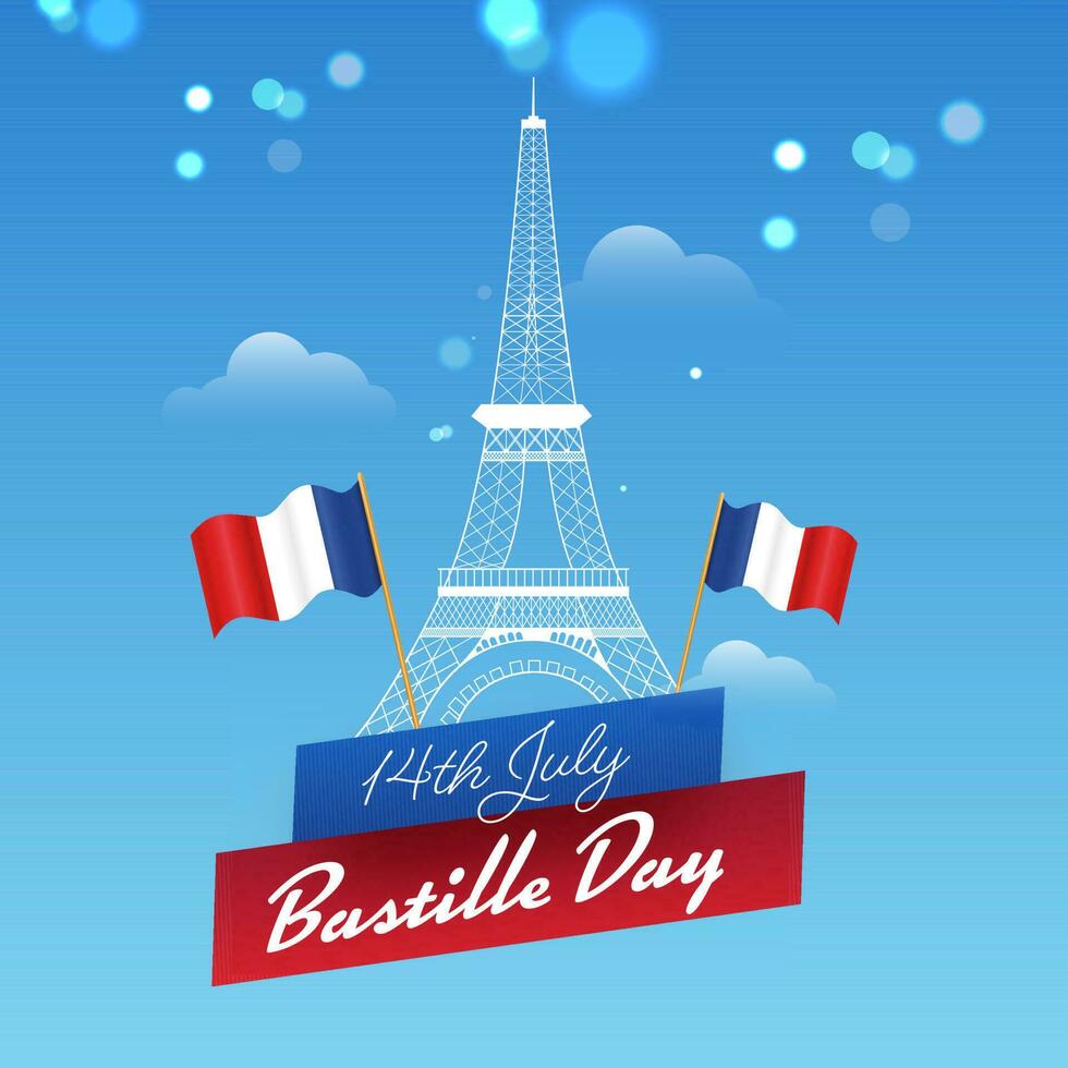 Linie Kunst Eiffel Turm Monument mit wellig Frankreich Flaggen auf Himmel Blau Bokeh Hintergrund zum 14 .. Juli, Bastille Tag Konzept. vektor