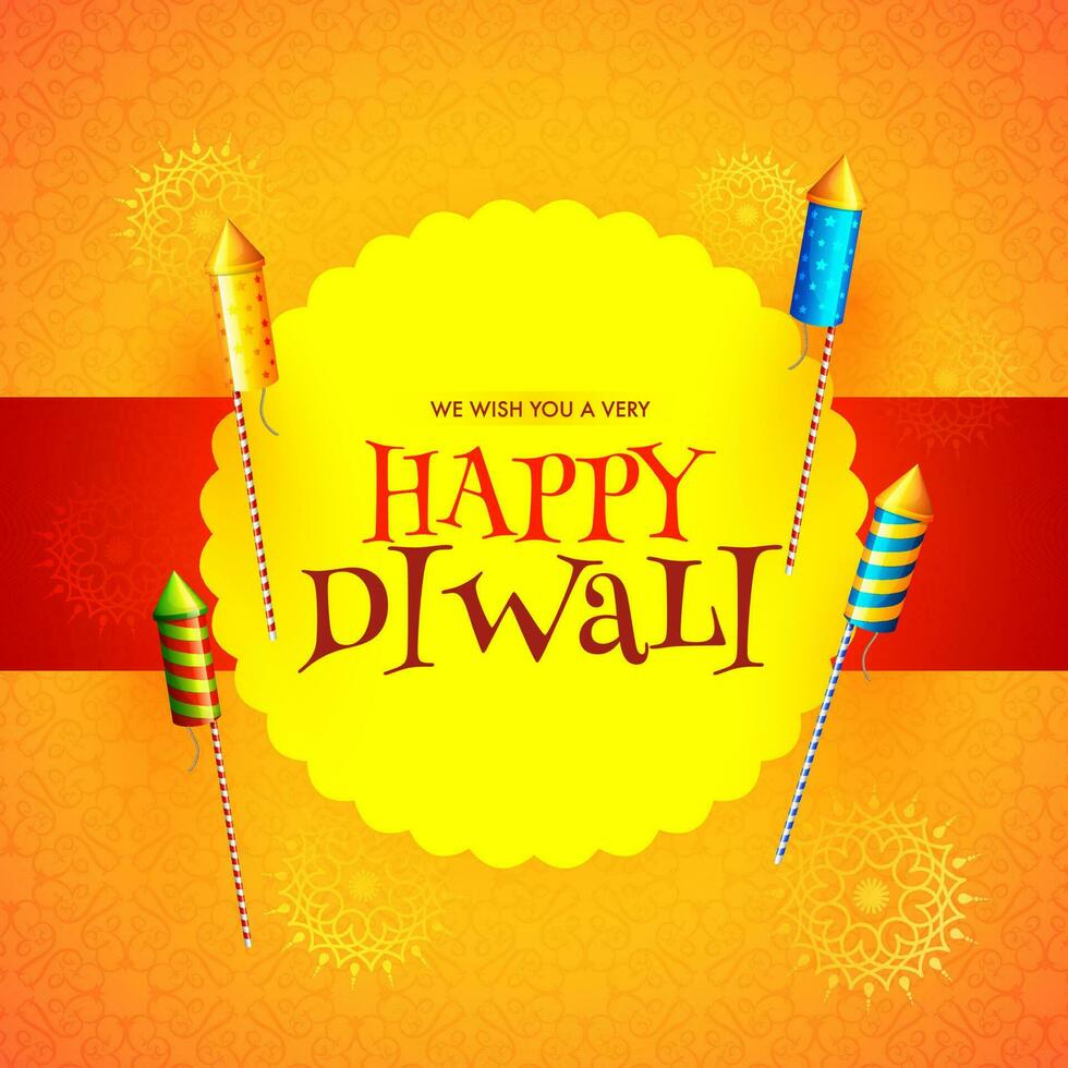 Lycklig diwali festival meddelande kort eller affisch design med raket fyrverkeri på orange blommig mönster bakgrund. vektor