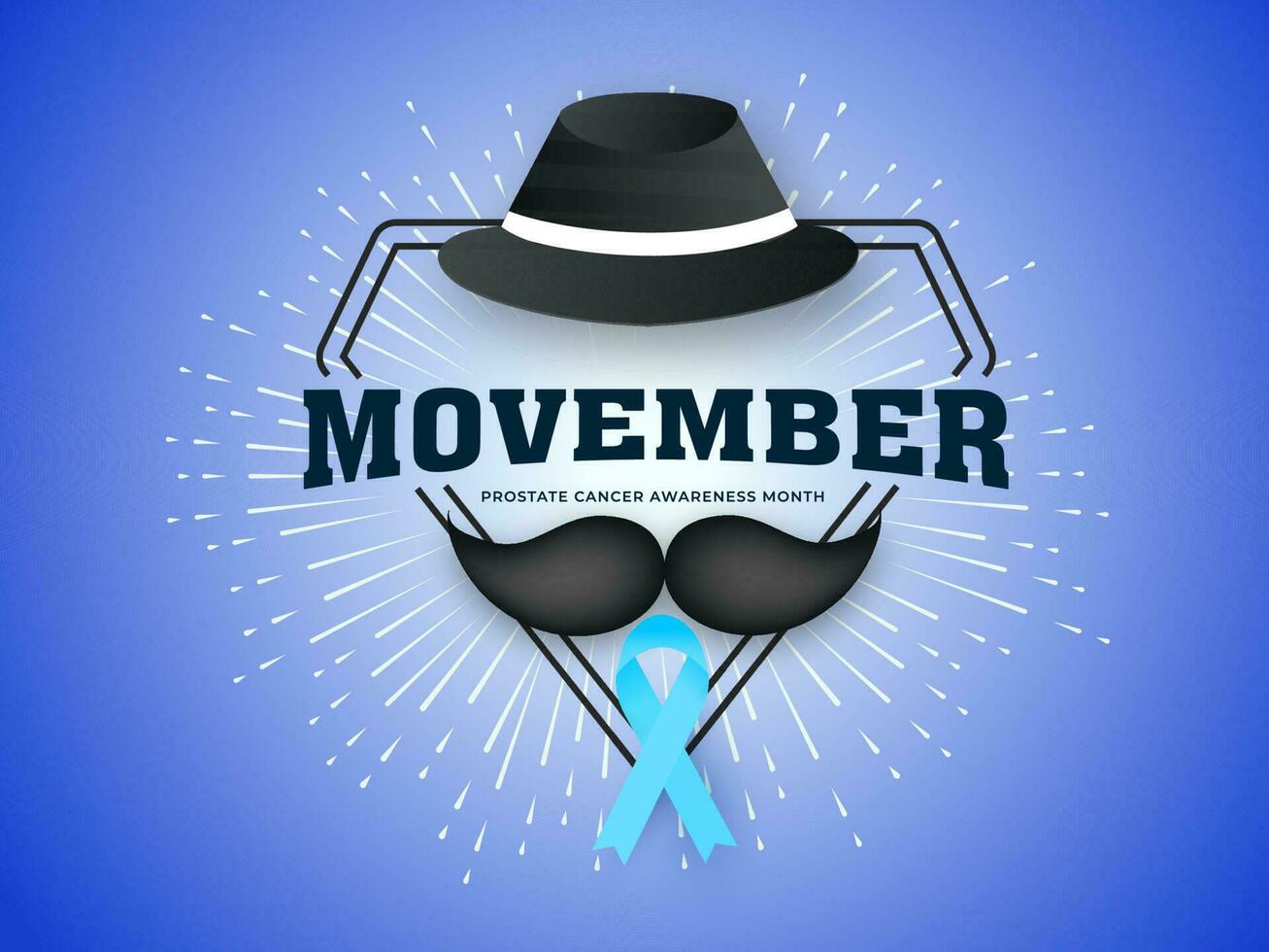 Movember baner eller affisch design med fedora hatt, mustasch och AIDS band illustration på blå strålar bakgrund för prostata cancer medvetenhet månad begrepp. vektor