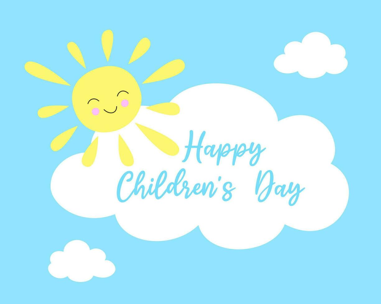 Lycklig barns dag. vektor hälsning kort med tecknad serie Sol och moln.