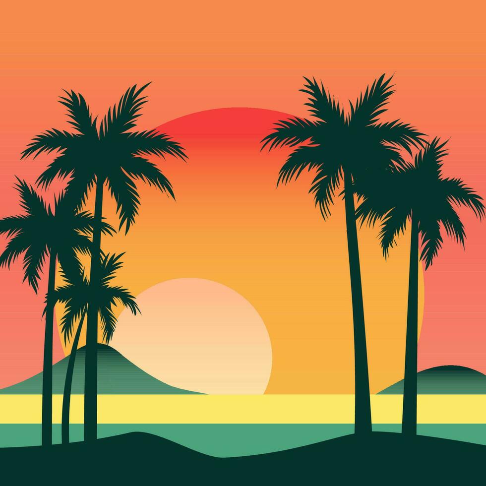 kväll solnedgång i orange färger. vektor illustration i de stil av platt. Sol, berg, hav och handflatan träd