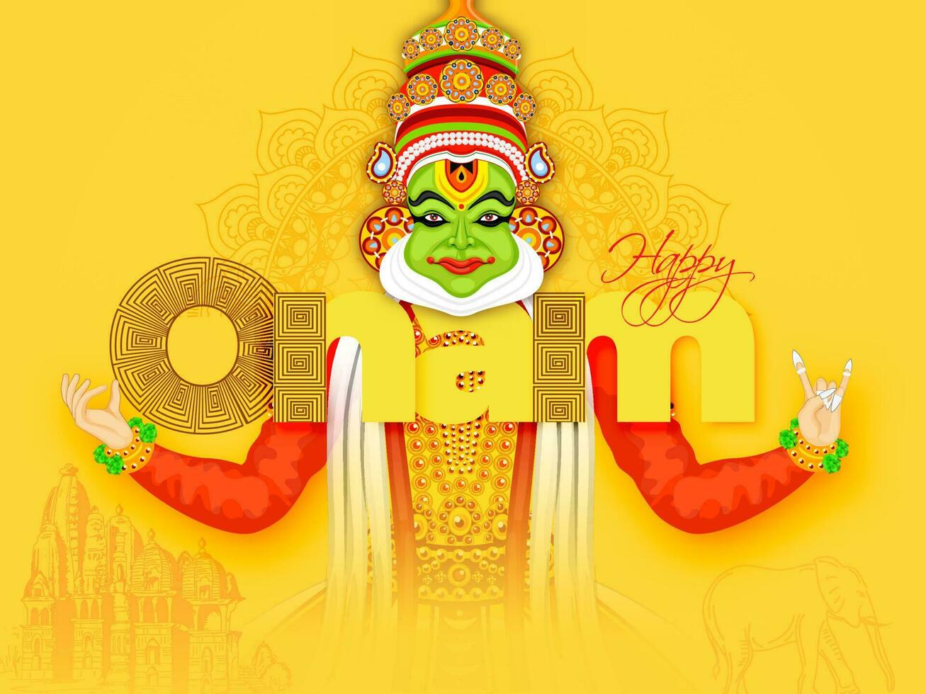 kreativ Banner oder Poster Design mit Illustration von Kathakali Tänzer auf Gelb Hintergrund zum glücklich Onam Festival. vektor