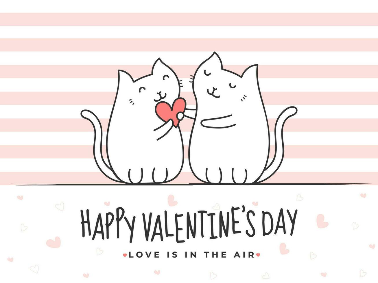 Linie Kunst liebend Katze Paar halten Herz auf Weiß und Rosa gestreift Hintergrund zum glücklich Valentinsgrüße Tag, Liebe ist im das Luft. vektor