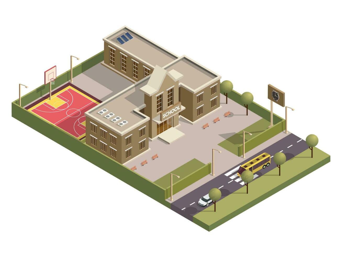 isometrisch Schule Gebäude mit Uhr Tafel und Basketball Boden entlang Fahrzeug Straße Hintergrund. vektor