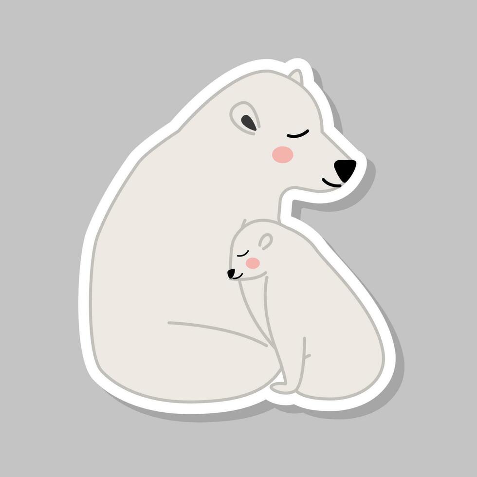 Aufkleber Stil Polar- Bär umarmen Baby auf grau Hintergrund. vektor