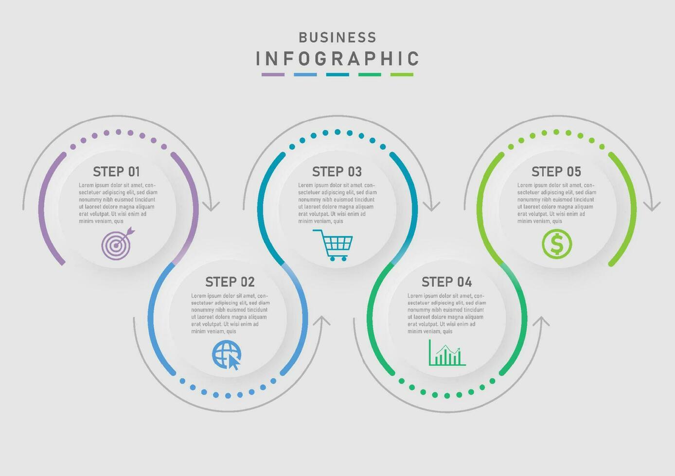 5 steg modern företag planen infographic mall enkel cirkel rena rader mång Färg prickar och pilar ikon med brev grå bakgrund design för marknadsföring, finansiera, investering, produkt vektor
