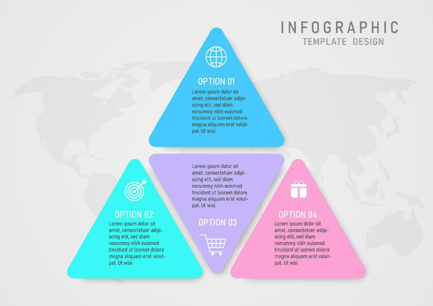 4 alternativ enkel triangel- infographic mallar pastell Färg vit ikon på klot Plats hörn botten grå lutning bakgrund design för marknadsföring, projekt, produkt, finansiera, planera vektor