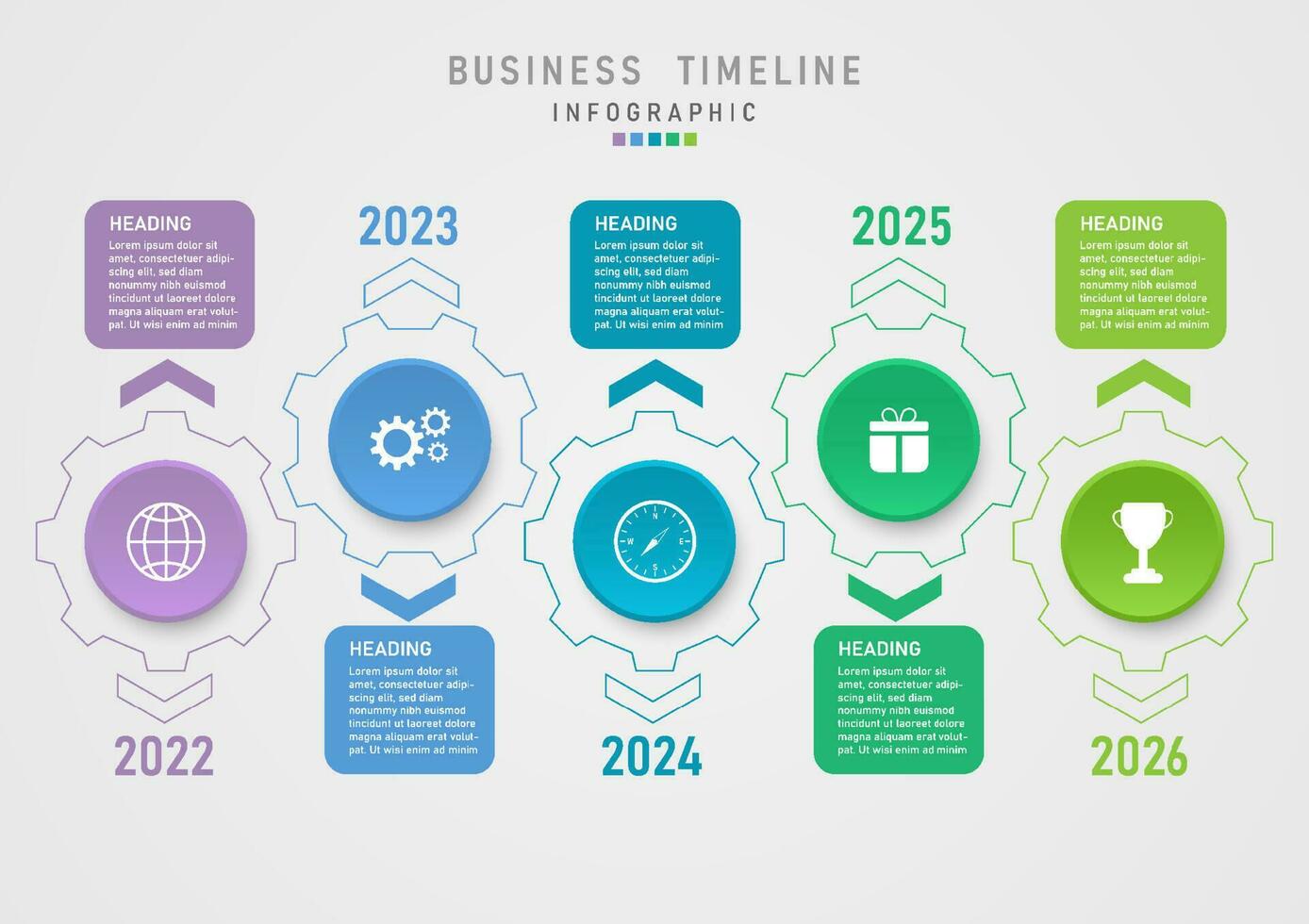 modern Geschäft 5 Jahre Zeitleiste Gliederung multi farbig Kreis Zahnräder mit Symbole im das Center Pfeile mit mehrfarbig Platz Ziffern mit Weiß Briefe grau Gradient Hintergrund zum Vorlage vektor