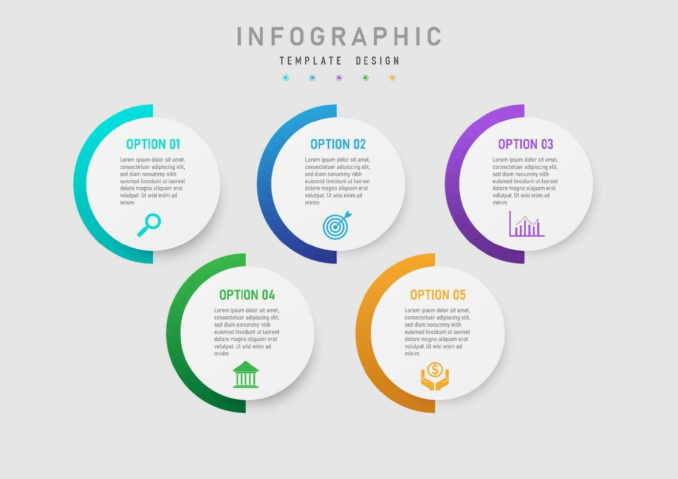 företag infographic mall halv cirkel lutning mång Färg med rena vit knappar, 5 alternativ, planera, arbete, topp text och botten ikoner design för produkt, marknadsföring, projekt. vektor