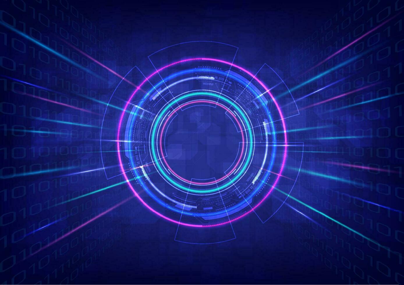 abstrakt Hintergrund Zukunft Technologie Technik Kreis mit leeren Raum im das Mitte mehrfarbig glühend Neon- mit Strahl ziehen um binär und Würfel Perspektive. Blau Gradient Hintergrund vektor