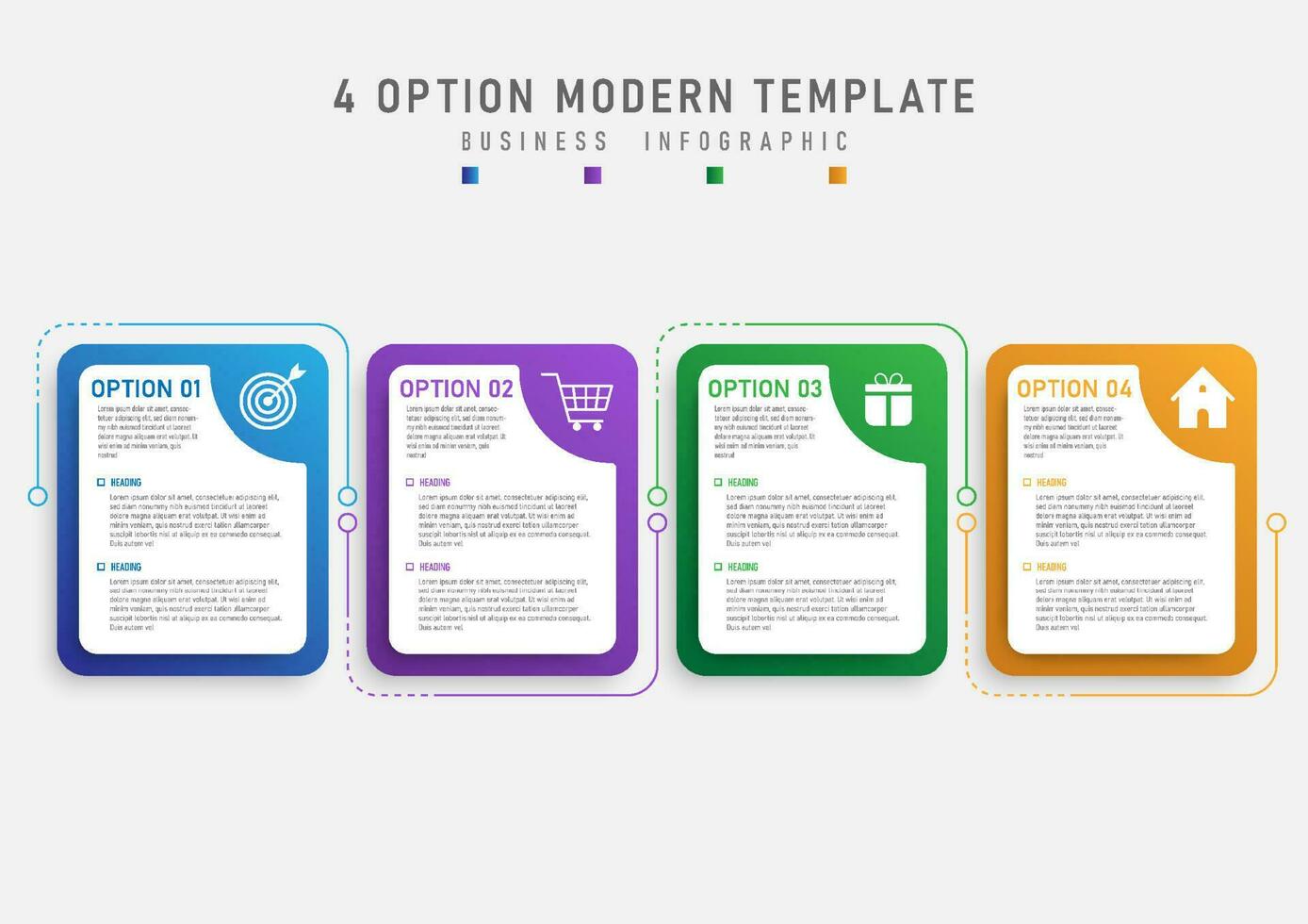 Infografik Vorlage 4 Optionen multi farbig Gradient Quadrate Weiß Symbol im das oben Ecke Kreis mit gepunktet Linien und grau Gradient Hintergrund Design zum Marketing, Produkt, Projekt, Finanzen vektor