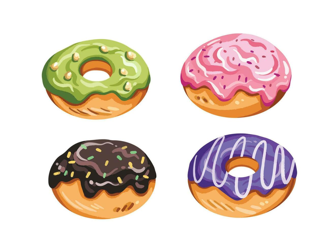 vier Süss glasiert verschiedene Belag Donuts Gebäck Bäckerei Brot Vektor Illustration isoliert auf horizontal Weiß Hintergrund. Essen Zeichnung mit einfach und eben Kunst Stil.