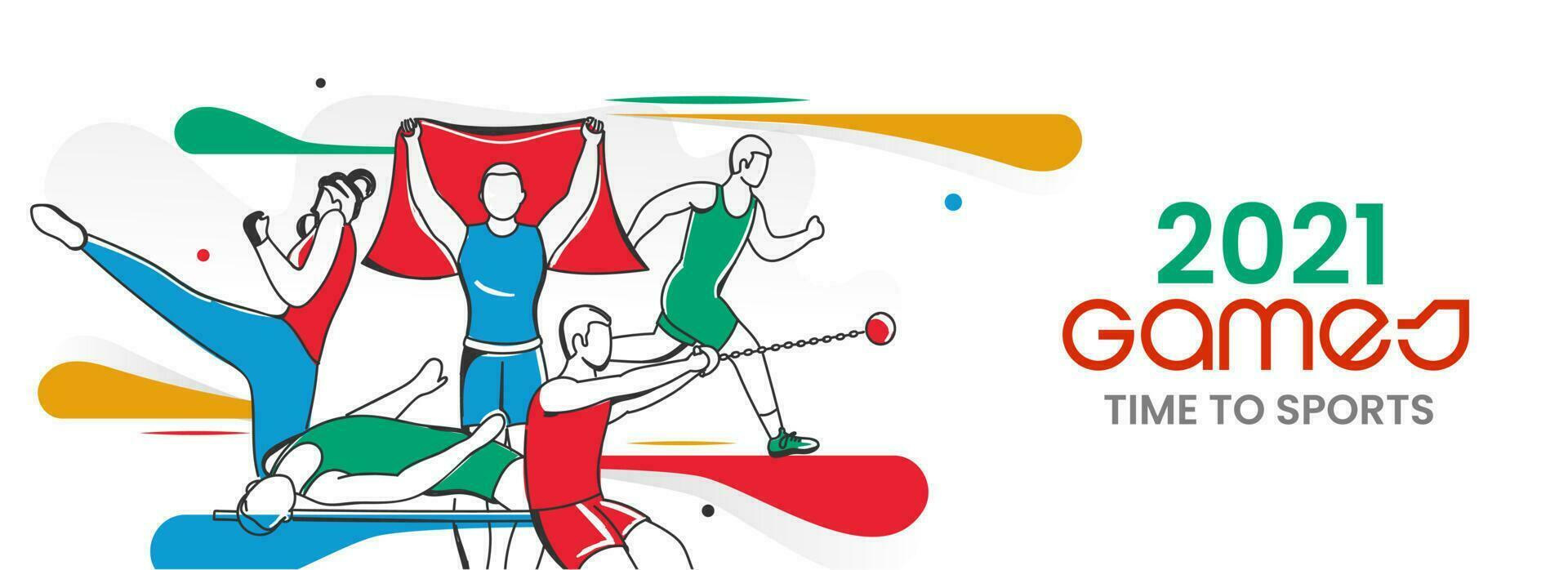 2021 Spiele Zeit zu Sport Banner oder Header Design mit Vektor Illustration von Leichtathletik oder Sport Person im Aktion Pose.