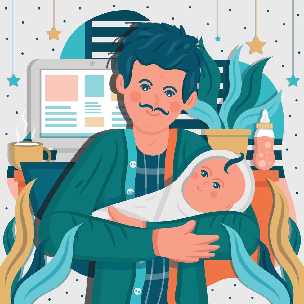 Vater arbeitet von zu Hause aus, während Baby sein Baby sitzt vektor