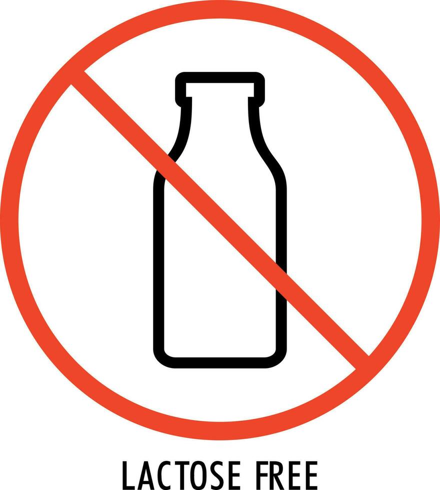 Laktose kostenlos Zeichen, Symbol, Logo. Vektor Laktose kostenlos Etikette zum gesund Essen Verpackung. runden Abzeichen mit Milch Flasche gekreuzt aus. Laktose Intoleranz