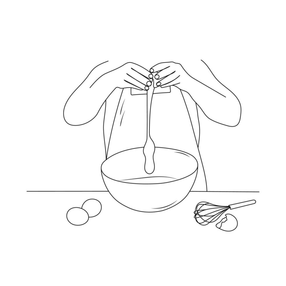 Person Kochen Essen von Mehl und Eier. Frau Herstellung Teig zum Backen im Schüssel. Linie Kunst. Hand gezeichnet Vektor Illustration.