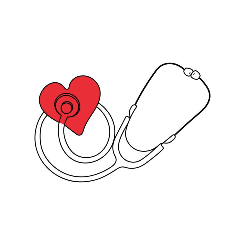 medicinsk stetoskop med röd hjärta. linje konst. Utrustning för granskning patient hjärta slå skick. hälsa vård, medicinsk begrepp. hand dragen vektor illustration.