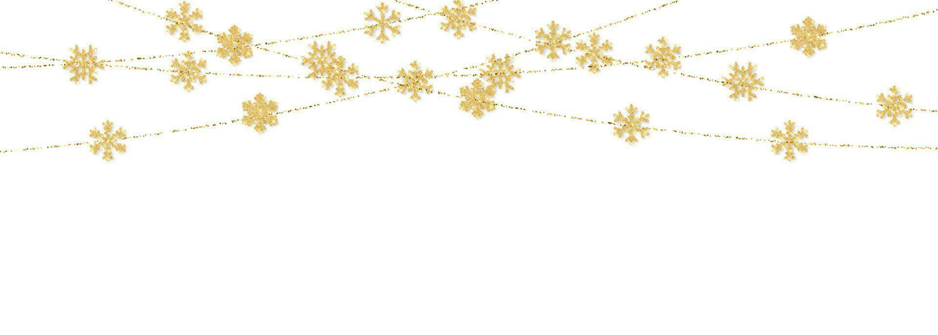 Weihnachten oder Neu Jahr golden Schneeflocke Dekoration Girlande auf Weiß Hintergrund. hängend funkeln Schneeflocke. Vektor Illustration