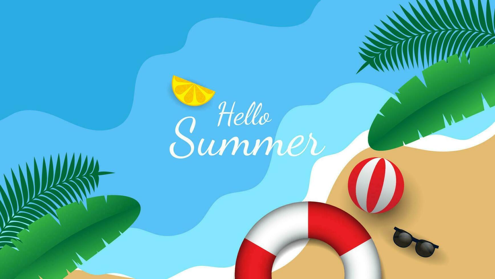 Sommer- Hintergrund mit Strand Sand, Strand Bälle, Strand Reifen, Brille und tropisch Blätter vektor