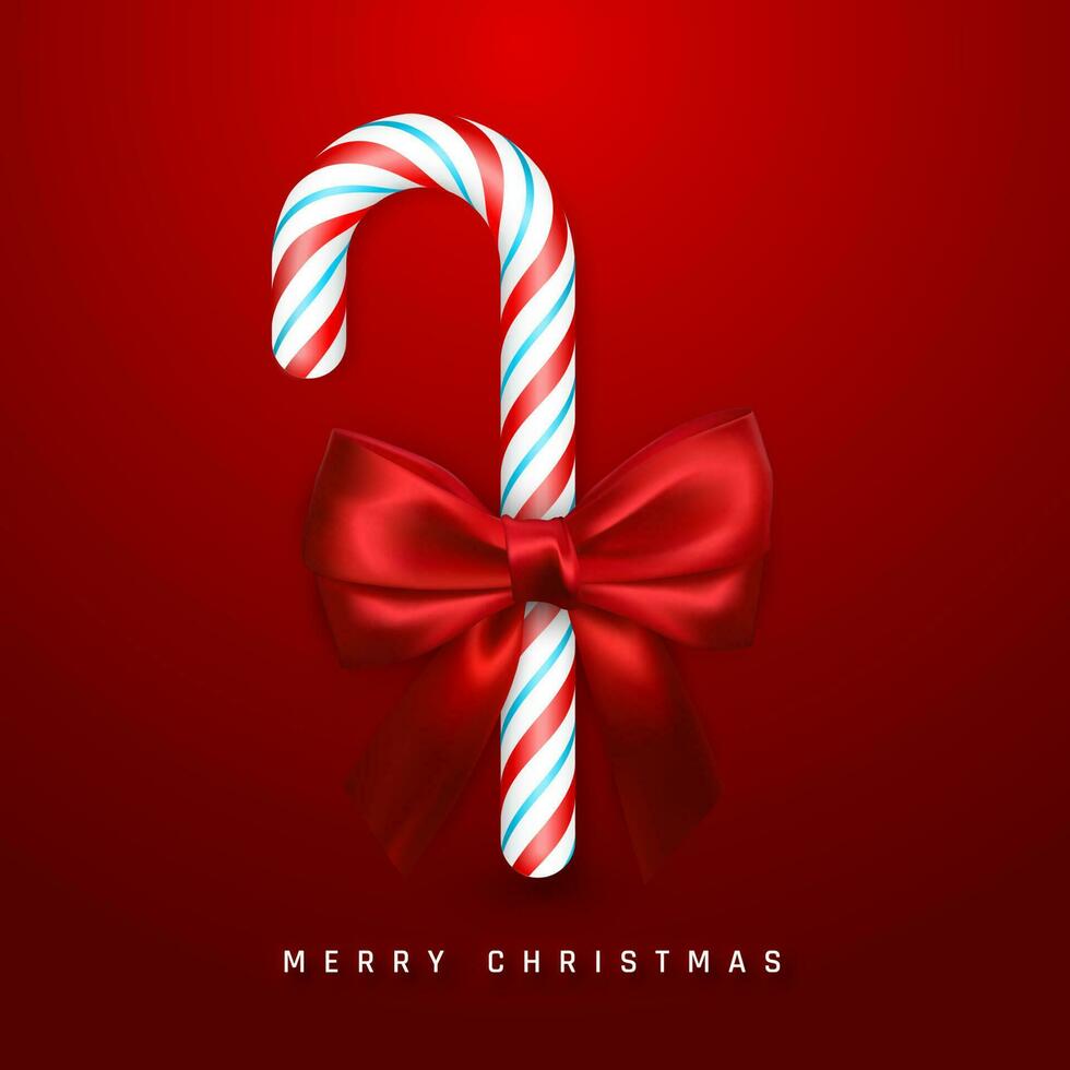 jul eller ny år hälsning kort. realistisk godis sockerrör med röd rosett och band på röd bakgrund. vektor illustration