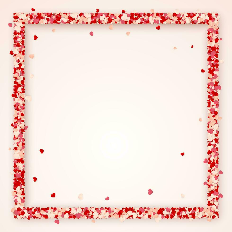 Lycklig valentines dag bakgrund, papper röd, rosa och vit orange hjärtan konfetti ram. vektor illustration