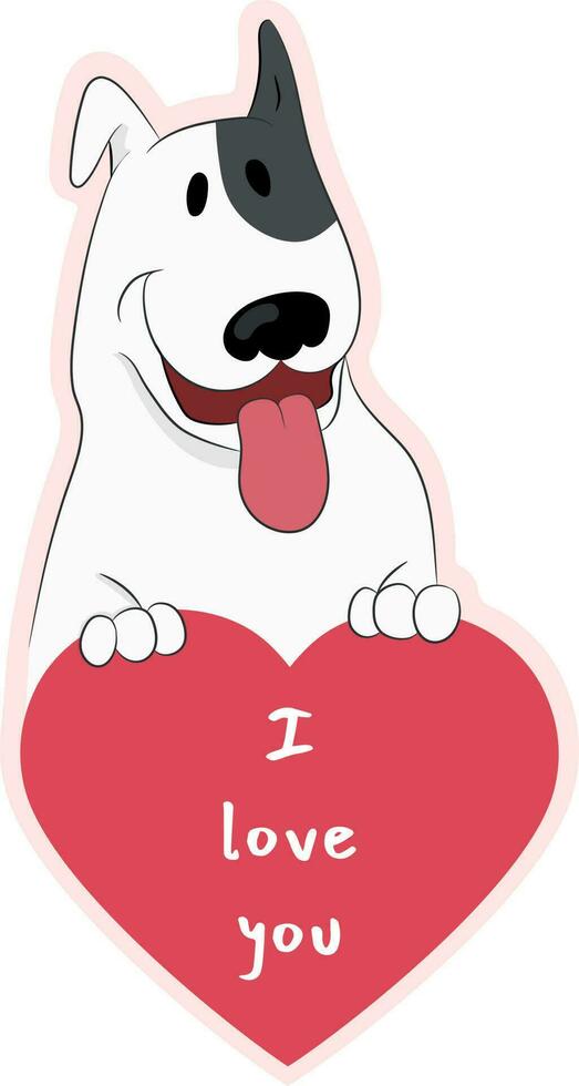 glücklich Karikatur Stier Terrier Hund ist halten ein Herz mit Text ich Liebe Du. süß Hund im Liebe Aufkleber. isoliert auf Weiß. Hand gezeichnet Vektor Kunst